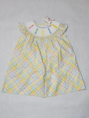 New Stitchy Fish Plaid Smocked Dress with Pastel Crayon Embroidered White Collar
